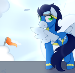 Size: 1024x1000 | Tagged: dead source, safe, artist:ultrard, soarin', pegasus, pony, g4, clothes, cloud, cloudy, colored pupils, flag, looking back, male, pennant, raised hoof, raised leg, smirk, solo, spread wings, stallion, wonderbolts uniform