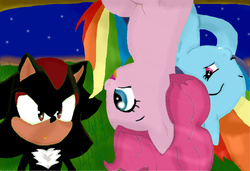 Size: 2478x1693 | Tagged: safe, artist:simsvaleria, pinkie pie, rainbow dash, g4, crossover, male, sega, shadow the hedgehog, sonic the hedgehog, sonic the hedgehog (series), upside down, video game