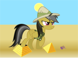 Size: 1502x1230 | Tagged: safe, artist:trohobo, ahuizotl, daring do, derpy hooves, pegasus, pony, g4, egypt, female, giant pony, growth, macro, mare, pyramid