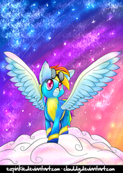 Size: 566x800 | Tagged: safe, artist:clouddg, artist:ezpinkie, rainbow dash, pegasus, pony, g4, newbie dash, clothes, cloud, collaboration, cute, dashabetes, ear fluff, female, goggles, solo, spread wings, wonderbolts uniform