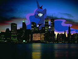 Size: 1600x1200 | Tagged: safe, artist:destructodash, princess luna, alicorn, pony, g4, city, east river, female, giant pony, giantess, highrise ponies, irl, macro, mare, new york city, night, photo, ponies in real life, twin towers, vector, world trade center