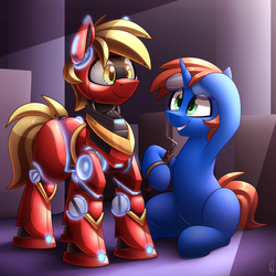 Size: 3000x3000 | Tagged: safe, artist:shinodage, oc, oc only, oc:cyberpon3, oc:fezbot, pony, robot, robot pony, duo, goggles, high res, sitting, smiling, standing