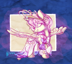 Size: 900x800 | Tagged: safe, artist:spacechickennerd, oc, oc only, oc:lullaby, alicorn, pony, alicorn oc, clothes, crown, dress, eyes closed, female, jewelry, mare, raised hoof, regalia, see-through, solo, spread wings, wings