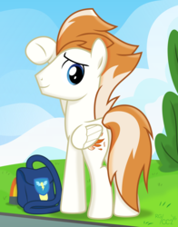 Size: 4400x5600 | Tagged: safe, artist:chainchomp2, fire streak, pegasus, pony, g4, newbie dash, absurd resolution, looking at you, looking back, male, retirement, saddle bag, salute, soft shading, solo, stallion, vector