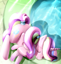 Size: 1146x1200 | Tagged: safe, artist:mgmax, princess cadance, g4, butt, female, fountain, plot, sleeping, smiling, solo, water