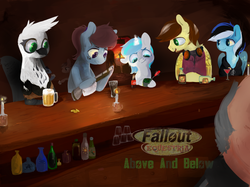 Size: 1600x1199 | Tagged: safe, oc, oc only, oc:aura star, oc:essie everheart, oc:lockheed, oc:silver lining, oc:starsong, griffon, pegasus, pony, unicorn, fallout equestria, alcohol, bar, bottle, candle, clothes, fanfic, fanfic art, female, glowing horn, hooves, horn, jumpsuit, levitation, magic, mare, pipbuck, scenery, solo, sparkle cola, tankard, telekinesis, vault suit, wings