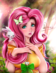 Size: 1200x1550 | Tagged: safe, artist:reivash, angel bunny, fluttershy, human, g4, big breasts, bow, breasts, busty fluttershy, clothes, female, humanized, locket, solo