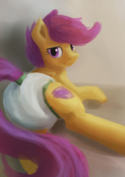 Size: 2480x3507 | Tagged: safe, artist:edrian, scootaloo, pegasus, pony, g4, diaper, female, high res, looking at you, looking back, lying down, non-baby in diaper, solo