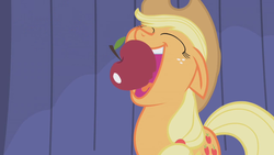 Size: 1280x720 | Tagged: safe, screencap, applejack, boast busters, g4, apple, eyes closed, female, food, open mouth, solo, that pony sure does love apples