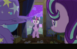 Size: 672x426 | Tagged: safe, edit, screencap, starlight glimmer, trixie, twilight sparkle, pony, rabbit, unicorn, g4, no second prances, animated, backstage, bowing, butt, caption, card, close-up, counterparts, cup, duo, female, flower, hat, magic, magic wand, magical trio, magician, mare, night, plot, smiling, subtitles, telekinesis, text, tree, trixie's cape, trixie's hat, twibutt, twilight sparkle (alicorn), twilight's counterparts