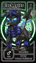 Size: 800x1399 | Tagged: safe, artist:vavacung, oc, oc only, oc:captain black lotus, changeling, armor, changeling armor, halberd, helmet, male, pactio card, solo, weapon