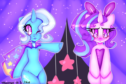 Size: 3000x2000 | Tagged: safe, artist:bunxl, starlight glimmer, trixie, pony, unicorn, g4, bipedal, blushing, bunny ears, female, heart, heart eyes, high res, leotard, magician outfit, mare, wingding eyes, wink