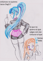 Size: 2009x2836 | Tagged: safe, artist:elgatosabio, adagio dazzle, sonata dusk, equestria girls, g4, clothes, duo, female, high res, jacket, simple background, skirt, socks, spanish, thigh highs, traditional art, translated in the comments