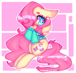 Size: 2080x2000 | Tagged: safe, artist:bunxl, fluttershy, g4, blushing, bottomless, clothes, cyan eyes, cyan sweater, digital art, female, green sweater, heart eyes, high res, partial nudity, pink hair, pink mane, pink tail, solo, sweater, sweatershy, wingding eyes, yellow coat