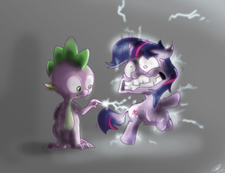 Size: 1024x791 | Tagged: safe, artist:loreto-arts, spike, twilight sparkle, dragon, pony, unicorn, g4, duo, floppy ears, gritted teeth, static electricity, unicorn twilight, wide eyes