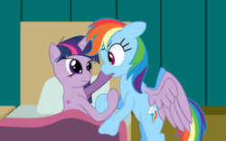 Size: 1280x800 | Tagged: safe, artist:cybersquirrel, rainbow dash, twilight sparkle, alicorn, pegasus, pony, g4, alternate timeline, amputation, apocalypse dash, bed, crying, crystal war timeline, female, hospital, hospital bed, mare, sad, scar, transplant, twilight sparkle (alicorn), wings