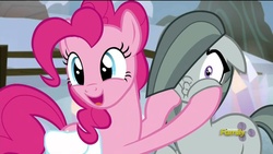 Size: 1280x720 | Tagged: safe, screencap, marble pie, pinkie pie, g4, hearthbreakers, discovery family logo, squishy cheeks