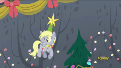 Size: 960x540 | Tagged: safe, screencap, derpy hooves, pegasus, pony, a hearth's warming tail, g4, animated, christmas tree, cute, derpabetes, derpy being derpy, derpy star, discovery family logo, female, grin, mare, open mouth, sitting, smiling, solo, spread wings, tree