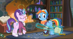 Size: 2529x1361 | Tagged: safe, screencap, rainbow dash, snowdash, snowfall frost, starlight glimmer, a hearth's warming tail, g4, butt, discovery family logo, glimmer glutes, plot