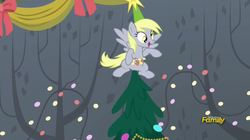 Size: 1315x737 | Tagged: safe, screencap, derpy hooves, pegasus, pony, a hearth's warming tail, g4, dendrophilia, derpy star, discovery family logo, female, fetish, mare, not what it looks like, open mouth, out of context, sitting, smiling, solo, spread wings