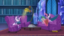 Size: 1669x933 | Tagged: safe, screencap, spike, starlight glimmer, twilight sparkle, alicorn, pony, a hearth's warming tail, g4, book, discovery family logo, female, mare, twilight sparkle (alicorn)