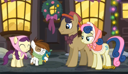 Size: 837x490 | Tagged: safe, screencap, bon bon, boysenberry, pipsqueak, sweetie drops, earth pony, pony, a hearth's warming tail, g4, colt, discovery family logo, male, pinching pennies, plushie, stallion