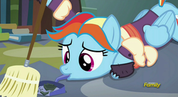 Size: 1906x1048 | Tagged: safe, screencap, rainbow dash, snowdash, a hearth's warming tail, g4, discovery family logo, dustpan, mouth hold