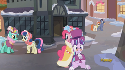 Size: 1478x826 | Tagged: safe, screencap, bon bon, bow bonnet, lyra heartstrings, pinkie pie, rising yeast, snowfall frost, spirit of hearth's warming presents, starlight glimmer, sweetie drops, earth pony, pegasus, pony, unicorn, a hearth's warming tail, g4, background pony, discovery family logo, female, male, mare, stallion