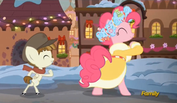 Size: 837x490 | Tagged: safe, screencap, featherweight, pinkie pie, spirit of hearth's warming presents, a hearth's warming tail, g4, my little pony: friendship is magic, dancing, discovery family logo