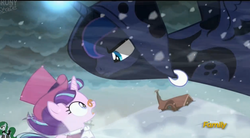 Size: 2497x1377 | Tagged: safe, screencap, princess luna, snowfall frost, spirit of hearth's warming yet to come, starlight glimmer, pony, unicorn, a hearth's warming tail, g4, discovery family logo, hat, looming, pince-nez, spirit, top hat