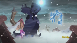 Size: 1568x878 | Tagged: safe, screencap, princess luna, snowfall frost, spirit of hearth's warming yet to come, starlight glimmer, a hearth's warming tail, g4, discovery family logo