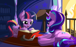 Size: 2560x1600 | Tagged: safe, artist:mysticalpha, starlight glimmer, twilight sparkle, alicorn, pony, a hearth's warming tail, g4, book, female, mare, prone, reading, twilight sparkle (alicorn)