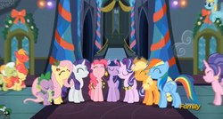 Size: 2519x1353 | Tagged: safe, screencap, apple bloom, applejack, big macintosh, cookie crumbles, fluttershy, granny smith, helia, pinkie pie, rainbow dash, rarity, spike, sweetie belle, twilight sparkle, alicorn, pony, a hearth's warming tail, g4, discovery family logo, female, mane six, mare, twilight sparkle (alicorn), twilight's castle