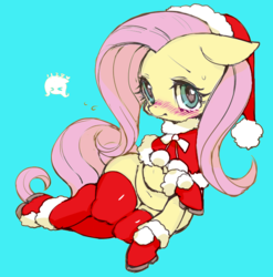 Size: 691x700 | Tagged: safe, artist:rikose, fluttershy, pony, g4, belly button, blue background, blushing, christmas, clothes, colored, costume, cute, female, hat, holiday, mare, santa costume, santa hat, shyabetes, simple background, socks, solo, sweat, sweatdrop