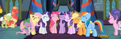Size: 637x207 | Tagged: safe, screencap, apple bloom, applejack, big macintosh, carrot cake, cookie crumbles, fluttershy, granny smith, pinkie pie, rainbow dash, rarity, spike, starlight glimmer, sweetie belle, twilight sparkle, alicorn, dragon, earth pony, pegasus, pony, unicorn, a hearth's warming tail, g4, season 6, apple bloom's bow, apple siblings, apple sisters, applejack's hat, belle sisters, bow, braid, brother and sister, clothes, cowboy hat, discovery family, discovery family logo, female, filly, foal, hair bow, hat, logo, mare, scarf, siblings, singing, sisters, twilight sparkle (alicorn), wingless spike