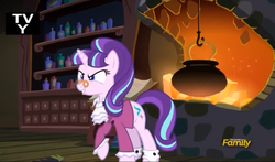 Size: 575x339 | Tagged: safe, screencap, snowfall frost, starlight glimmer, a hearth's warming tail, g4, discovery family logo, female, fireplace, solo