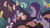 Size: 1478x826 | Tagged: safe, screencap, applejack, bon bon, cheerilee, cherry berry, daisy, doctor whooves, flower wishes, fluttershy, lily, lily valley, lyra heartstrings, pinkie pie, rainbow dash, rarity, roseluck, spike, starlight glimmer, sweetie drops, time turner, twilight sparkle, alicorn, pony, a hearth's warming tail, g4, clothes, discovery family logo, female, fourth doctor's scarf, mane six, mare, scarf, striped scarf, twilight sparkle (alicorn)