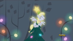 Size: 1920x1080 | Tagged: safe, screencap, derpy hooves, pegasus, pony, a hearth's warming tail, g4, christmas tree, derpy star, discovery family logo, female, hearth's warming eve, mare, solo, stars, tree