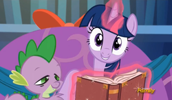 Size: 837x490 | Tagged: safe, screencap, spike, twilight sparkle, alicorn, pony, a hearth's warming tail, g4, book, discovery family logo, female, mare, stoner spike, twilight sparkle (alicorn)