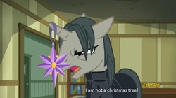 Size: 1280x715 | Tagged: safe, screencap, professor flintheart, pony, unicorn, a hearth's warming tail, g4, angry, christmas ornament, decoration, discovery family logo, ears back, frown, funny, glare, male, open mouth, severus snape, solo, stallion