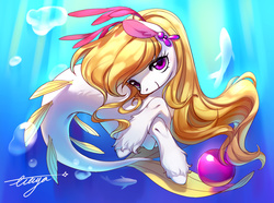 Size: 976x726 | Tagged: safe, artist:ciciya, oc, oc only, mermaid, merpony, bubble, crepuscular rays, cute, dorsal fin, female, fish tail, flowing mane, ocean, purple eyes, ribbon, signature, smiling, solo, sunlight, tail, underwater, water