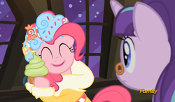 Size: 837x490 | Tagged: safe, screencap, pinkie pie, snowfall frost, spirit of hearth's warming presents, starlight glimmer, a hearth's warming tail, g4, cupcake, discovery family logo, food