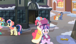 Size: 837x490 | Tagged: safe, screencap, bon bon, bow bonnet, lyra heartstrings, pinkie pie, snowfall frost, spirit of hearth's warming presents, starlight glimmer, sweetie drops, a hearth's warming tail, g4, discovery family logo