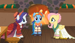 Size: 837x490 | Tagged: safe, screencap, flutterholly, fluttershy, merry, rainbow dash, rarity, snowdash, a hearth's warming tail, g4, discovery family logo