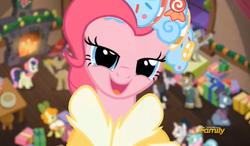 Size: 837x490 | Tagged: safe, screencap, baroque cloak, bon bon, bonnie rose, carrot top, golden harvest, lyra heartstrings, modus ponens, natural deduction, octavia melody, pinkie pie, spirit of hearth's warming presents, sweetie drops, pony, a hearth's warming tail, g4, discovery family logo, faic, lidded eyes, unnamed character, unnamed pony