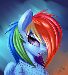 Size: 1100x1210 | Tagged: safe, artist:elzzombie, rainbow dash, pegasus, pony, g4, alternate hairstyle, bust, eyebrows, eyebrows visible through hair, female, fishnet clothing, fishnet stockings, lip piercing, open mouth, piercing, snake bites, solo