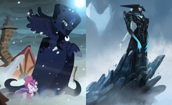 Size: 1010x624 | Tagged: safe, screencap, princess luna, snowfall frost, spirit of hearth's warming yet to come, starlight glimmer, a hearth's warming tail, g4, my little pony: friendship is magic, comparison, league of legends, lissandra