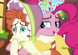 Size: 1506x1060 | Tagged: safe, screencap, bow bonnet, pinkie pie, spirit of hearth's warming presents, a hearth's warming tail, g4, discovery family logo, hape, hug, out of context, stranger danger, the little redheaded mare