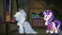 Size: 1120x630 | Tagged: safe, screencap, applejack, snowfall frost, spirit of hearth's warming past, starlight glimmer, pony, unicorn, a hearth's warming tail, g4, clothes, discovery family logo, pince-nez, spats, spirit
