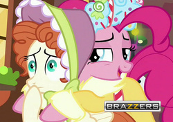 Size: 1280x901 | Tagged: safe, edit, edited screencap, screencap, bow bonnet, pinkie pie, spirit of hearth's warming presents, a hearth's warming tail, g4, brazzers, female, hape, hug, the little redheaded mare